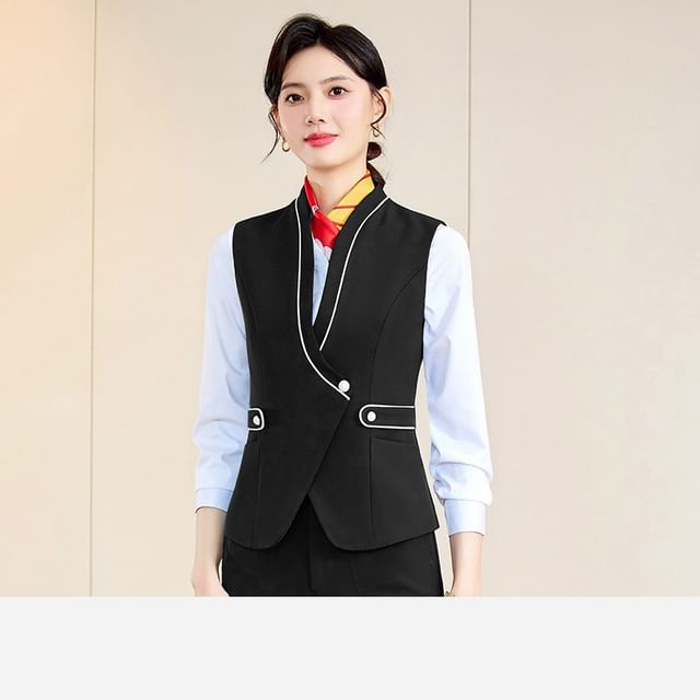 V-Neck Contrast Trim Wrap Blazer with Vest, Cropped Trousers, Mini Skirt, and Blouse Set