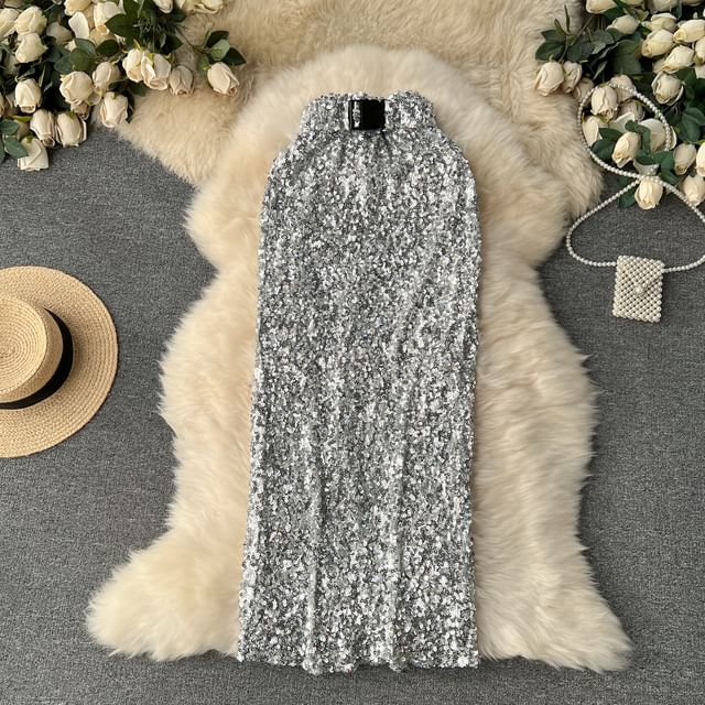High Rise Sequin Flared Maxi Skirt