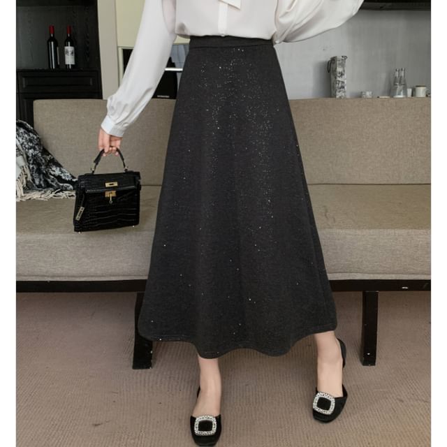 Glittery Flared Midi Skirt with High Waist