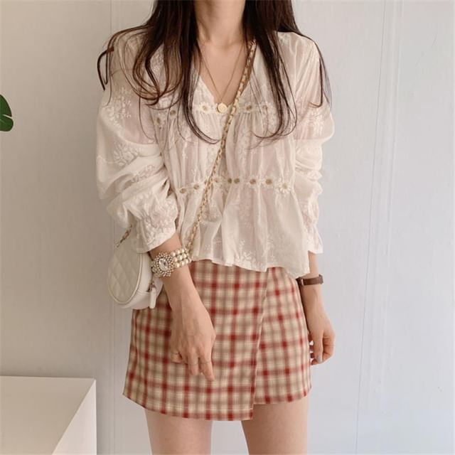 Chiffon V-Neck Blouse and Plaid Flared Mini Skirt Ensemble