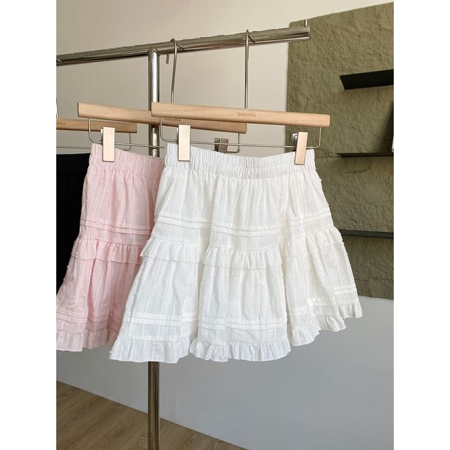 High Waist Ruffled Trim A-Line Skirt in Solid Color