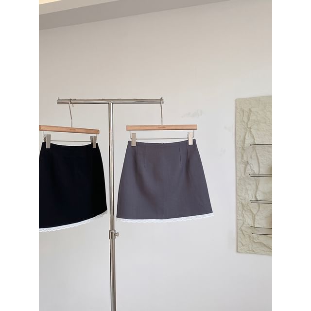 High Waist Lace Trim Mini Flared Skirt