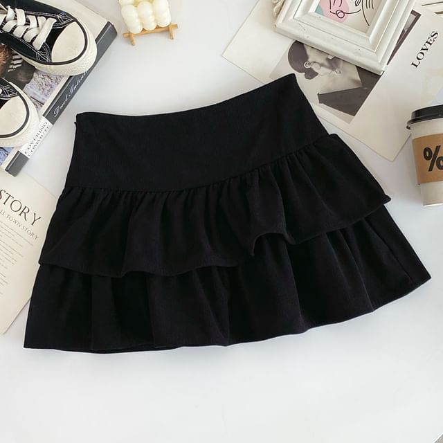 Corduroy A-Line Mini Skirt with Layered High Waist