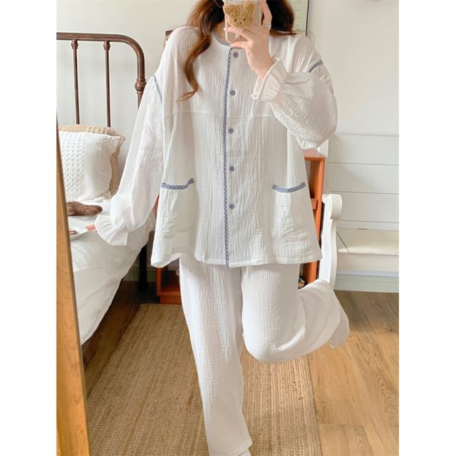 Couple Matching Long Sleeve Contrast Trim Button Pajama Top / Straight Leg Pants / Pajama Dress / Set (Various Designs)