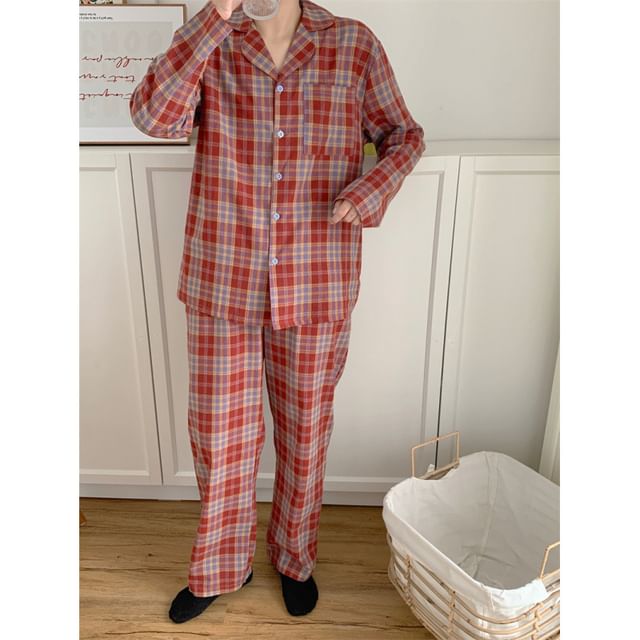Couple Matching Long Sleeve Collared Plaid Pocket Button Pajama Dress / Collared Pajama Shirt / Straight Leg Pants / Set (Various Designs)