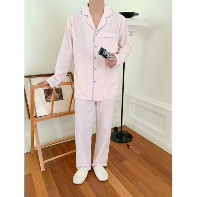 Couple Matching Long Sleeve V-Neck Striped Ruffle Pajama Dress / Collared Pajama Shirt / Straight Leg Pants / Set (Various Designs)