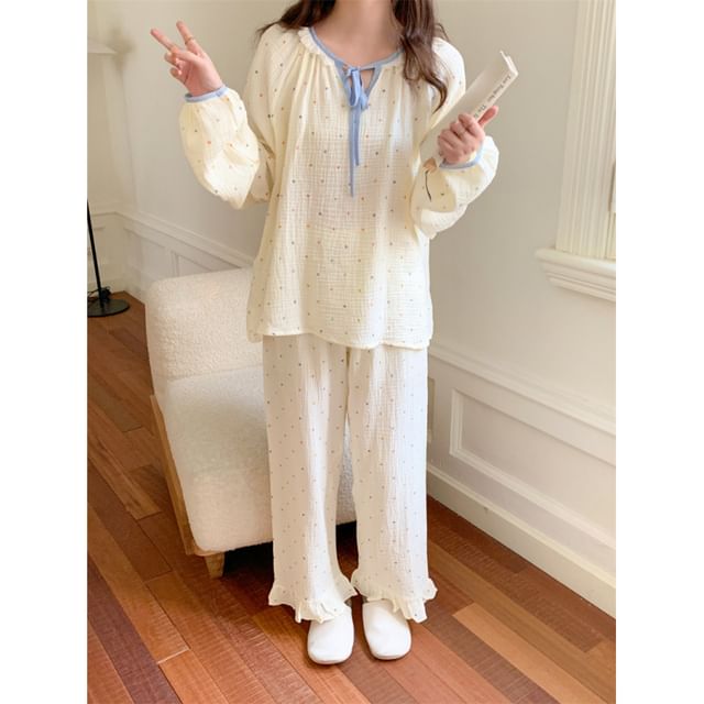 Couple Matching Long Sleeve Tie Neck Dotted Pajama Dress / Pajama Top / Straight Leg Pants / Set (Various Designs)