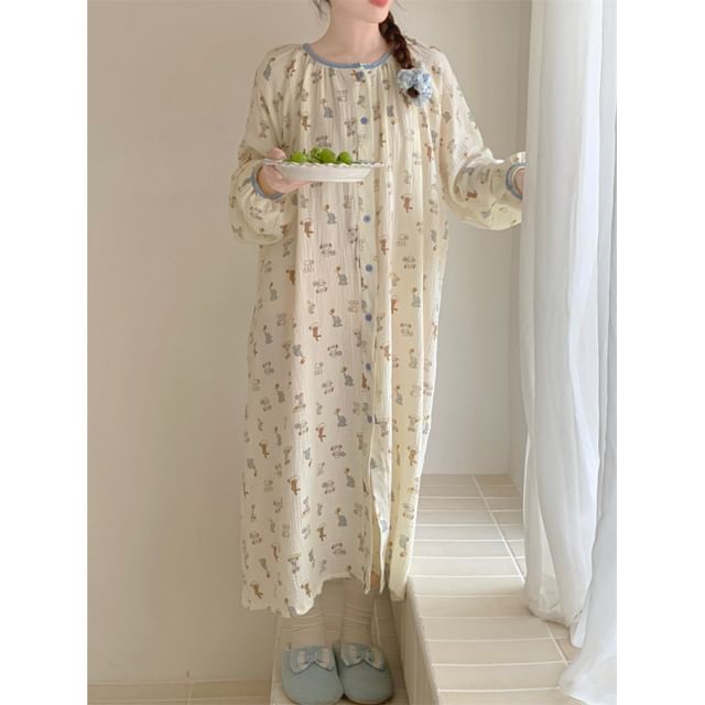 Couple Matching Long-Sleeve Cartoon Print Button-Up Midi Pajama Dress / Top / Pants / Set