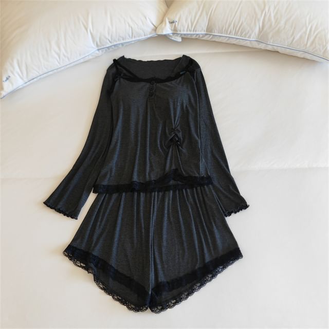 Henley Lace-Trim Camisole, Open Jacket, and Shorts Pajama Set