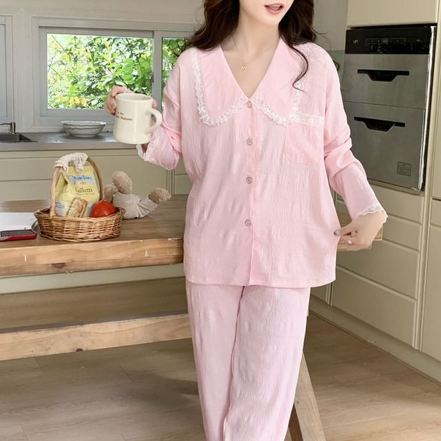 Collar Lace-Trim Long-Sleeve Button Top and Pants Pajama Set