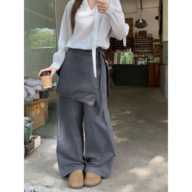 Striped Blouse with Wide Leg Pants and Apron Skirt Set