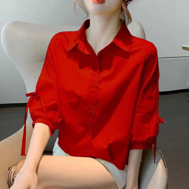 Elbow-Sleeve Lace-Up Plain Shirt