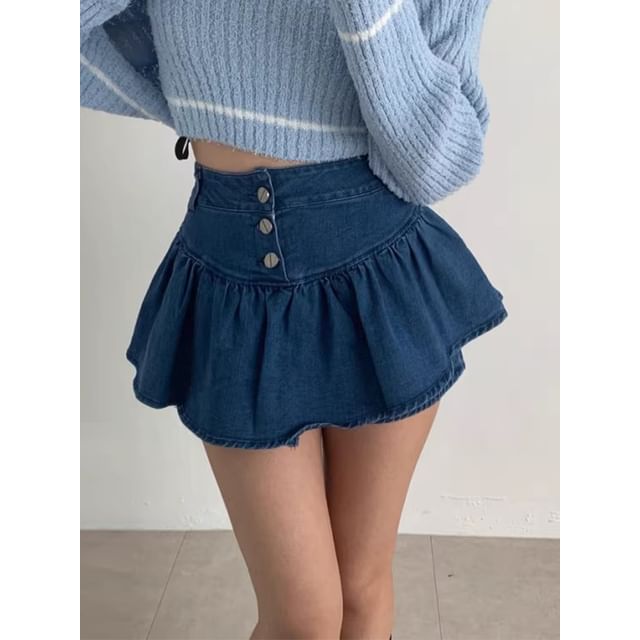High Waist Button Fly Denim Mini A-Line Skort