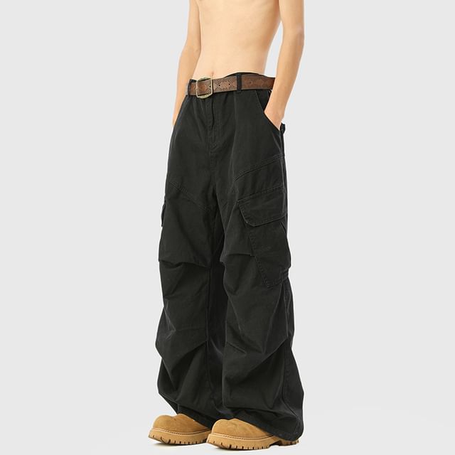 Mid Waist Plain Ruched Straight Leg Cargo Pants