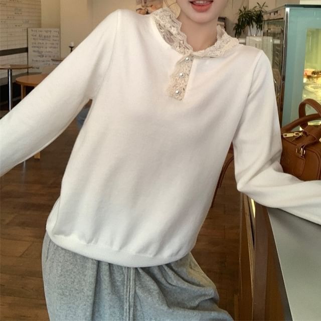 Hooded Lace Panel Knit Long Sleeve Henley