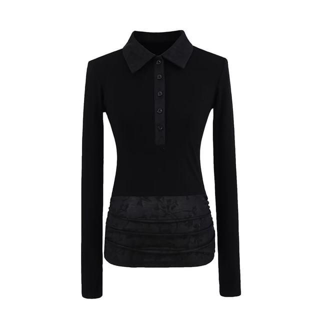 Lace Panel Long-Sleeved Polo Knit Shirt