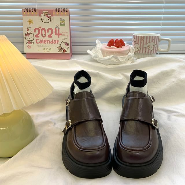 Faux Leather Platform Buckle Strap Loafers