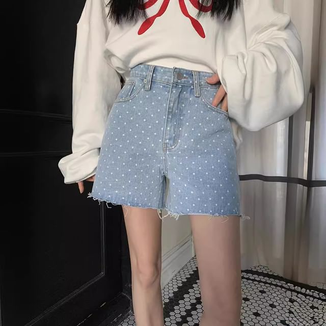 High Waist Dotted Fray Denim Shorts