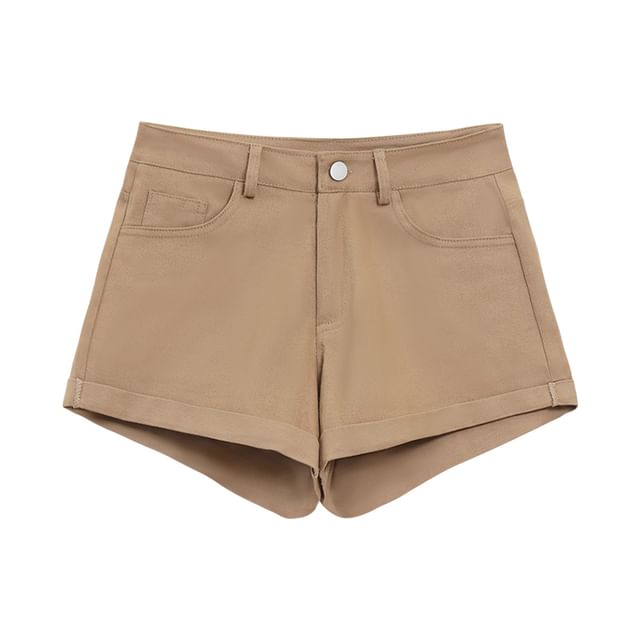 Long-Sleeve Plain Oversized Shirt / Mid Rise Roll Up Hem Denim Shorts