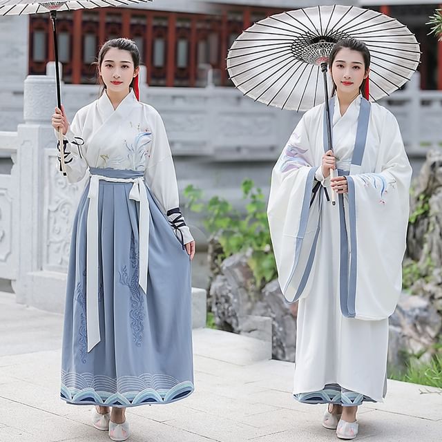 Couple Matching Long-Sleeve Embroidered Hanfu Top / Maxi Skirt / Hanfu Robe / Set