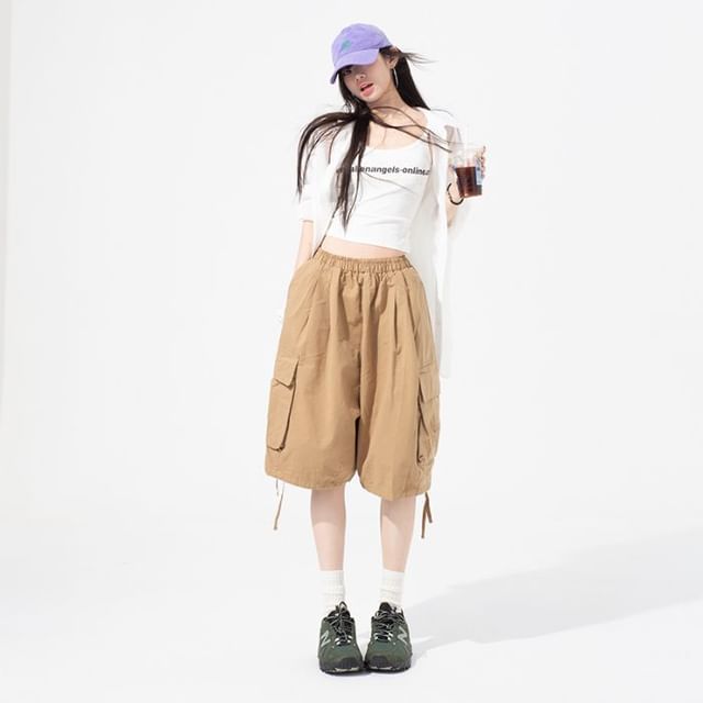 High Waist Wide Leg Cargo Capri Pants