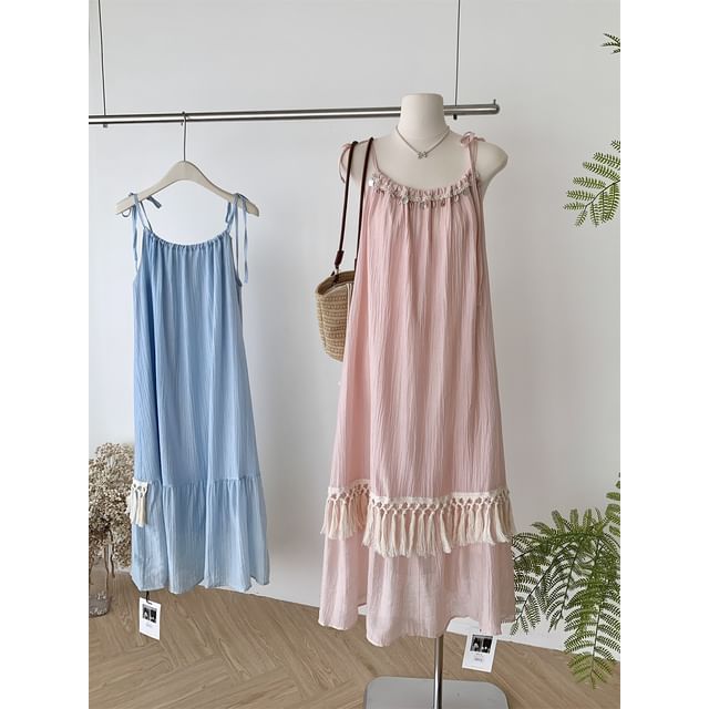 Fringed A-Line Maxi Dress - Sleeveless Plain
