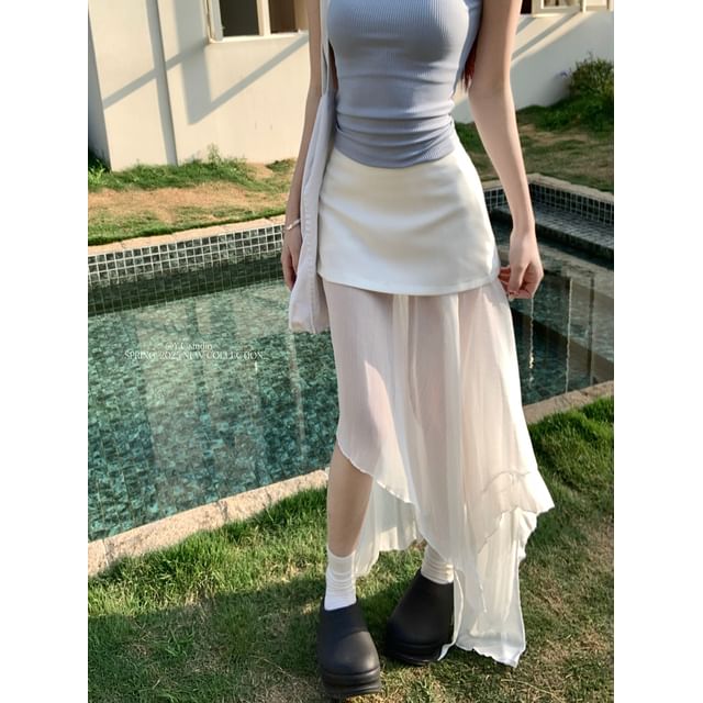 Mock Two-Piece Asymmetric Skirt with Mesh Panel and High Rise