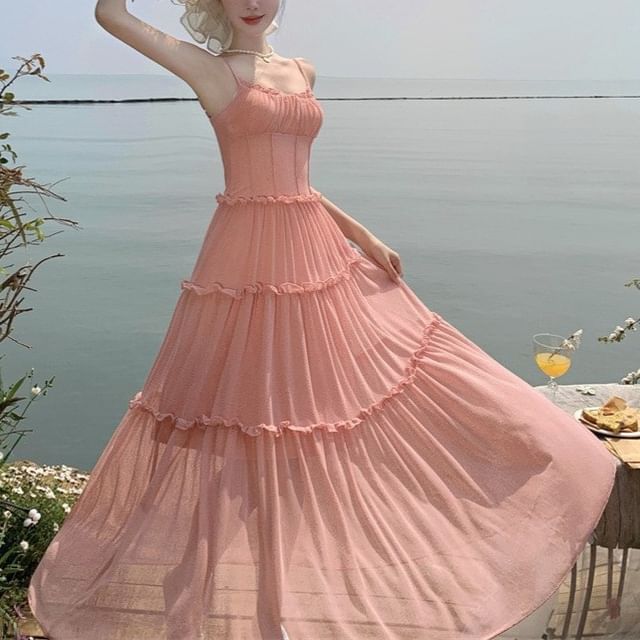 Ruched Open Back A-Line Maxi Dress - Spaghetti Strap Frill