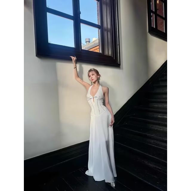 Cutout A-Line Maxi Dress - V-Neck Sleeveless Plain