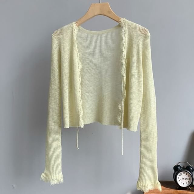Lace Trim Ribbed Tie-Front Cardigan