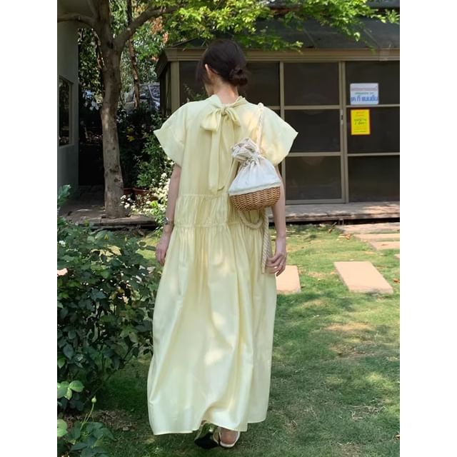 Mock Neck A-Line Maxi Dress - Short Sleeve Plain