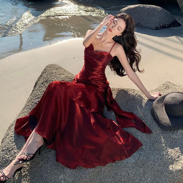 Ruffled Trim Ruched Spaghetti Strap A-Line Maxi Dress