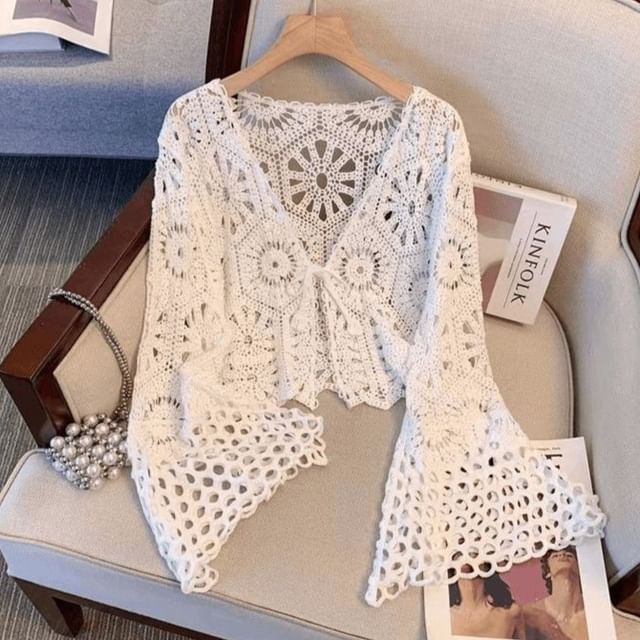 V-Neck Tie Front Crochet Knit Crop Cardigan