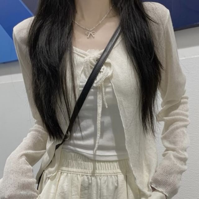 Lettuce Edge V-Neck Sheer Crop Cardigan