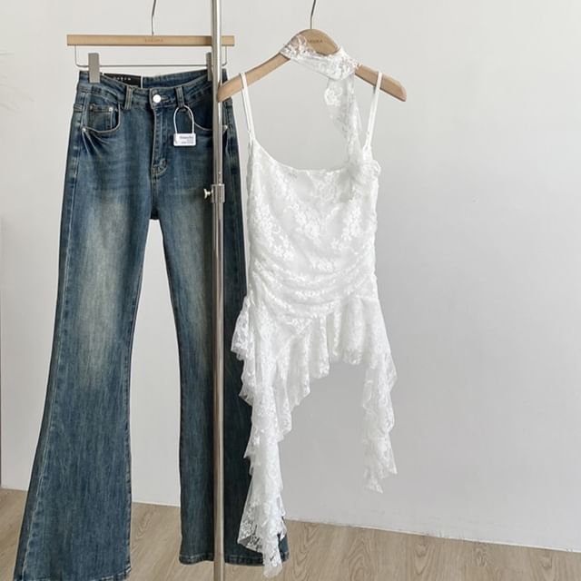 Asymmetrical Lace Cami Scoop Neck Spaghetti Strap Top