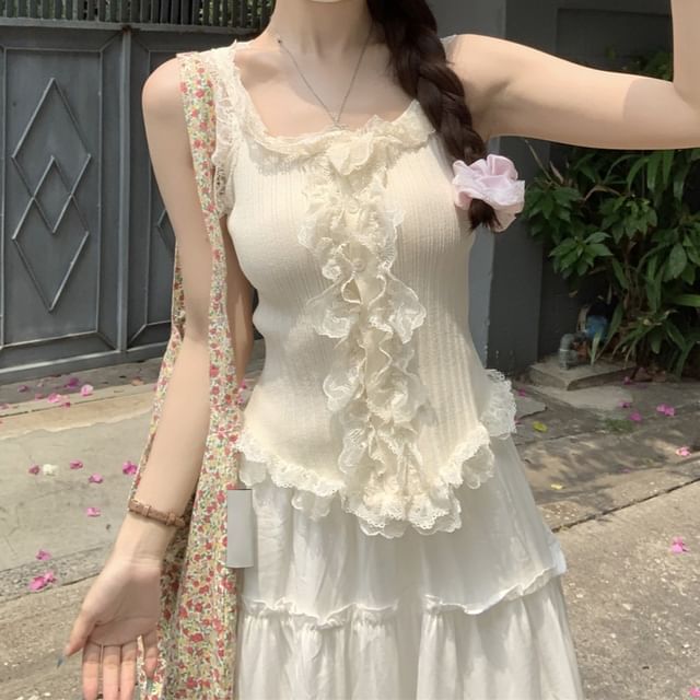 Ribbed Knit Lace Panel Ruffle Button Scoop Neck Tank