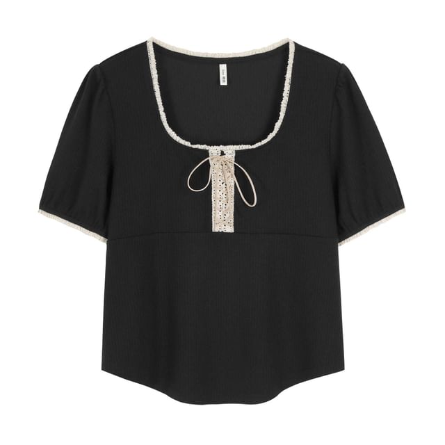 Short Sleeve Lace Up Square Neck Slim Fit Tee