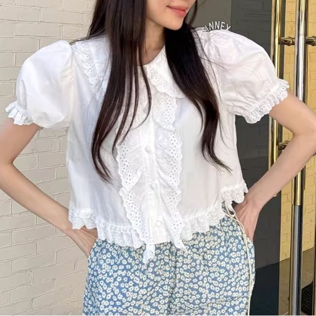 Puff Sleeve Lace Trim Peter Pan Collar Crop Blouse