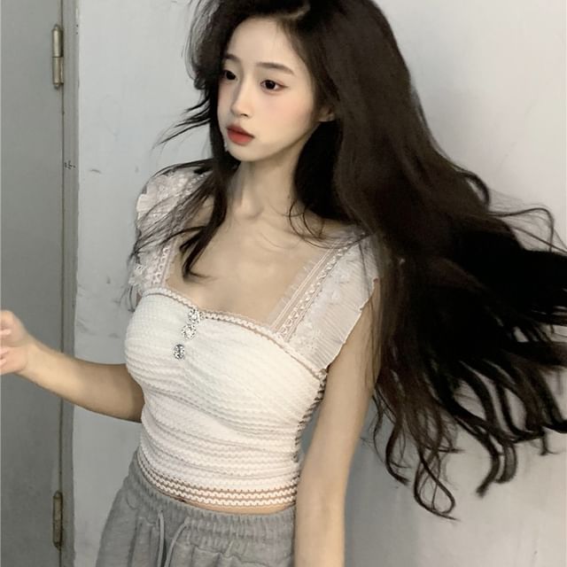 Striped Lace Trim Ruffle Cropped Camisole