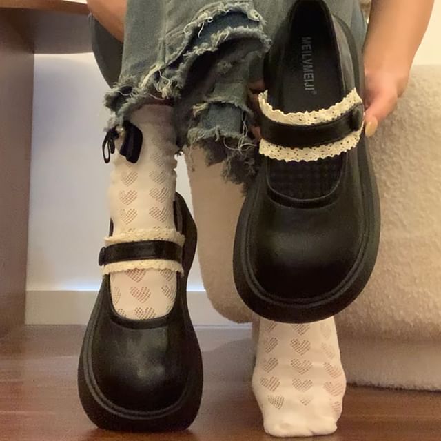 Platform Chunky Heel Lace Ruffle Mary Jane Shoes