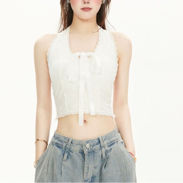 Halter V-Neck Padded Tie Front Lace Crop