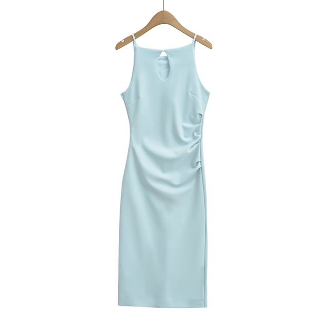 Spaghetti Strap Plain Ruched Midi Sheath Dress