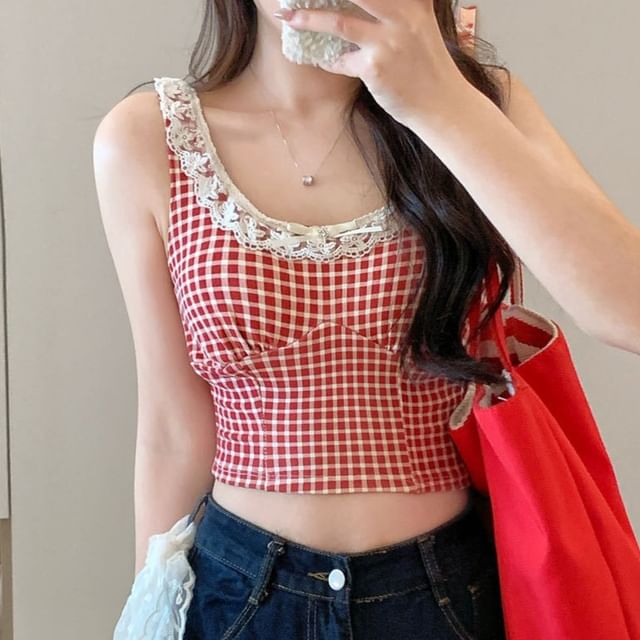 Lace Trim Plaid Cropped Camisole