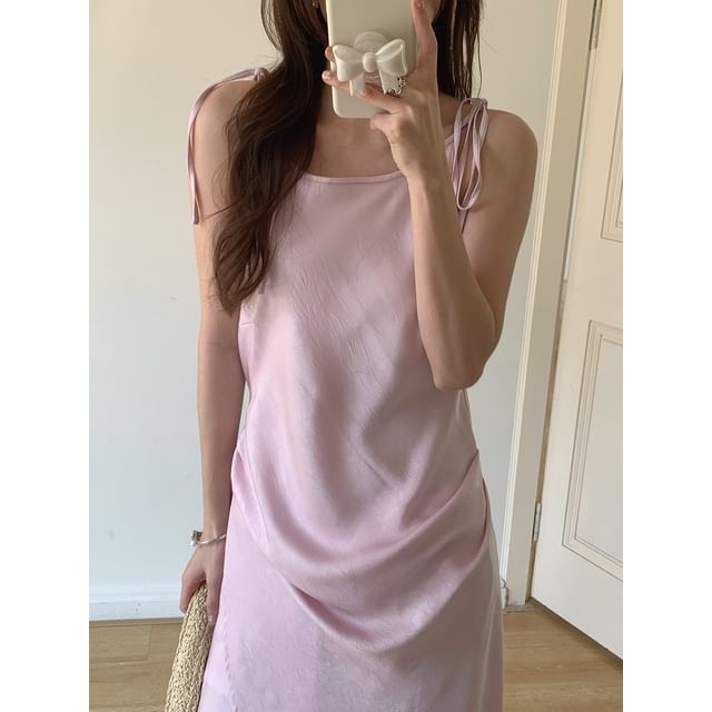 Spaghetti Strap Scoop Neck Plain Asymmetrical Tie Waist Slit Maxi A-Line Dress