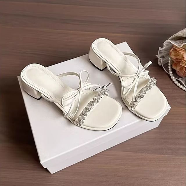 Slide Heel Rhinestone Bow Sandals Chunky