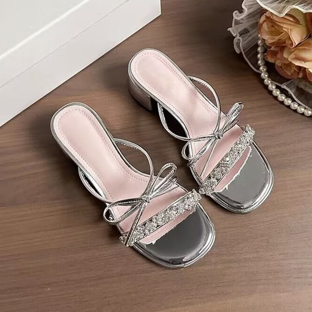 Slide Heel Rhinestone Bow Sandals Chunky