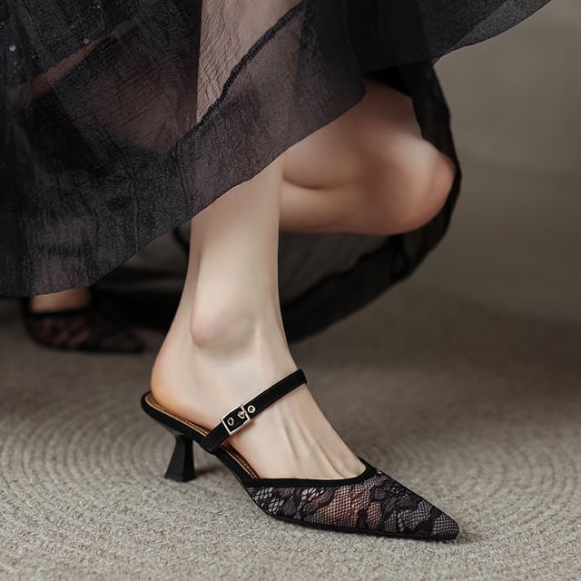 Heel Floral Pointed Mesh Toe Kitten Mules