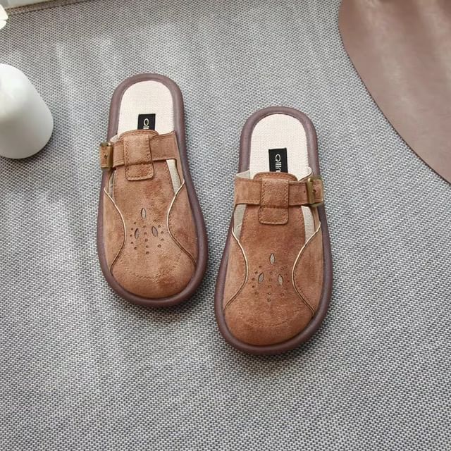 Plain Cutout Buckled Faux Suede Mules