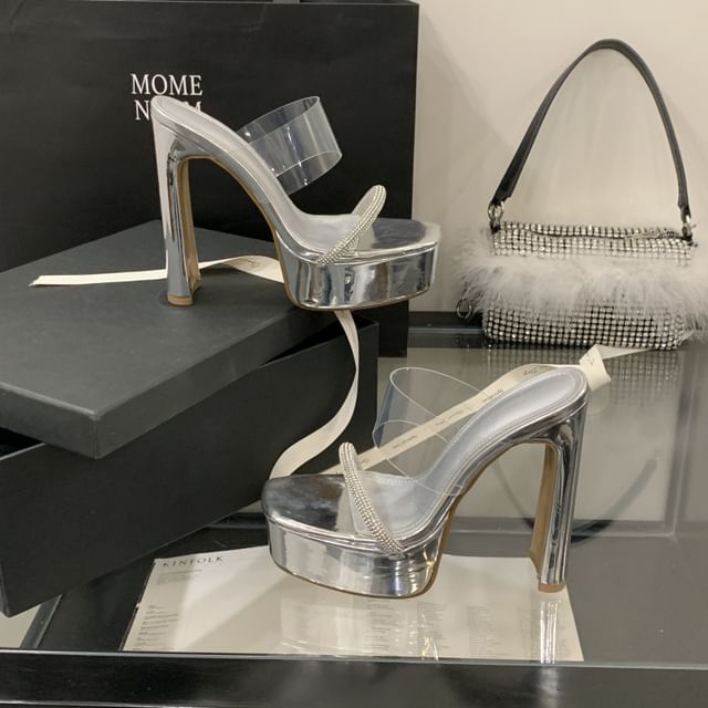 Block Heel PVC Strap Rhinestone Platform Sandals