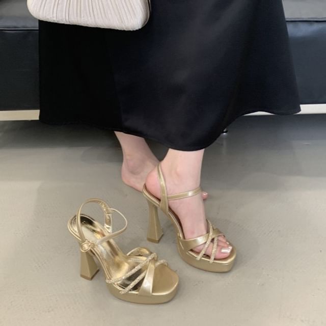 Block Heel Rhinestone Plain Sandals